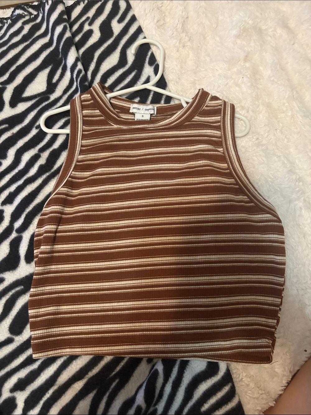 Striped Ribbed Crop Tank Top in Brown & Cream
